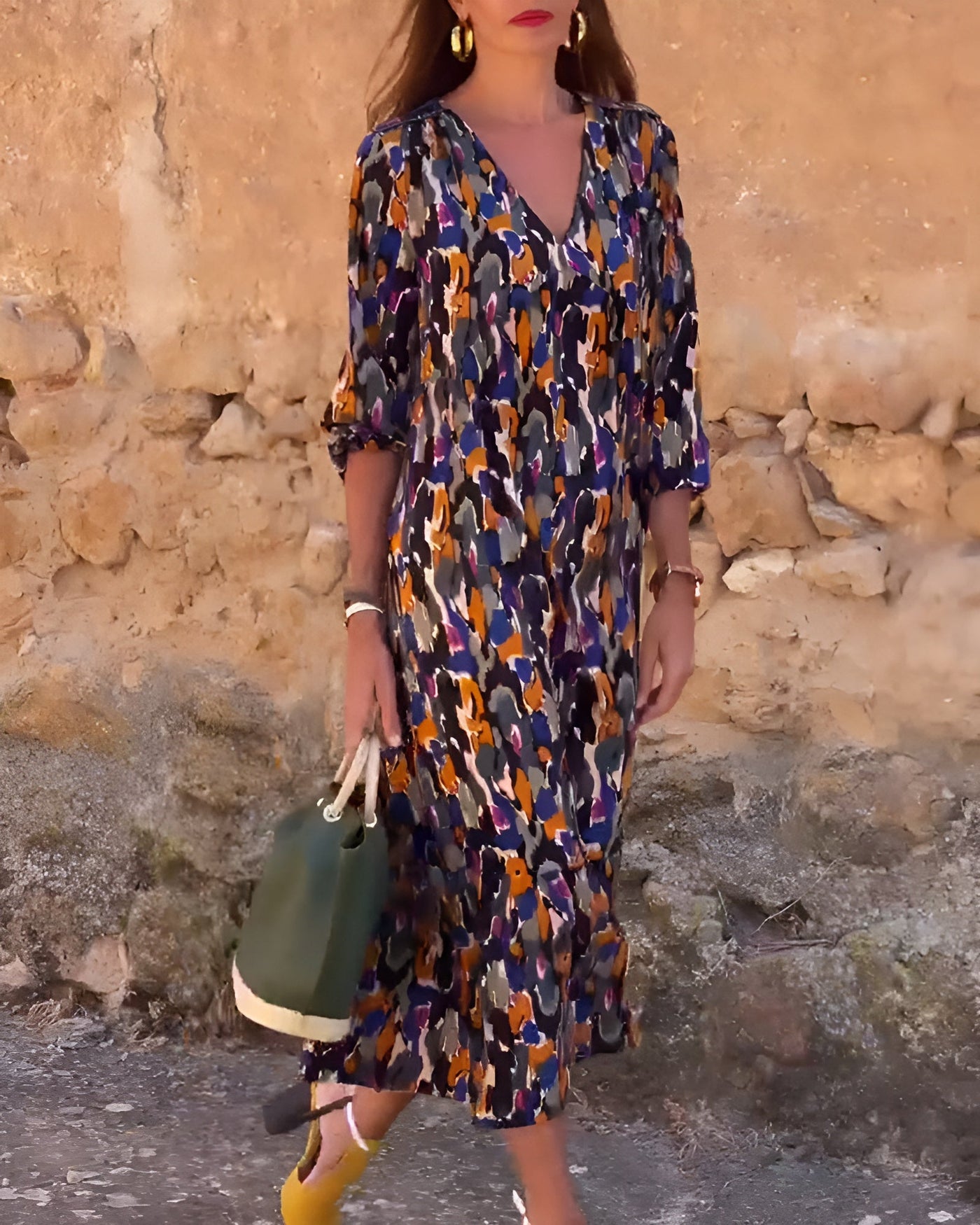 Nathalie | Retro Print V-Neck Dress