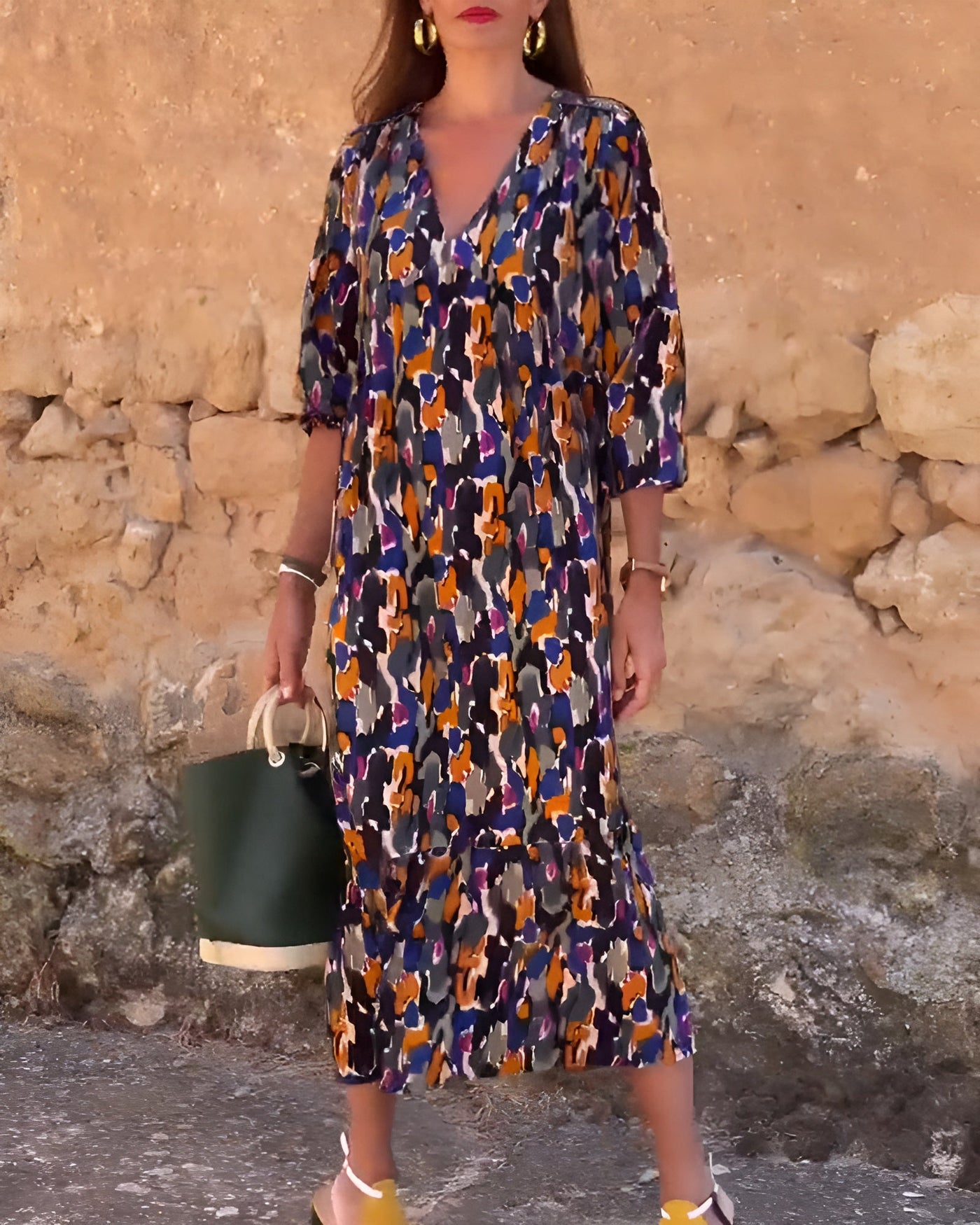 Nathalie | Retro Print V-Neck Dress