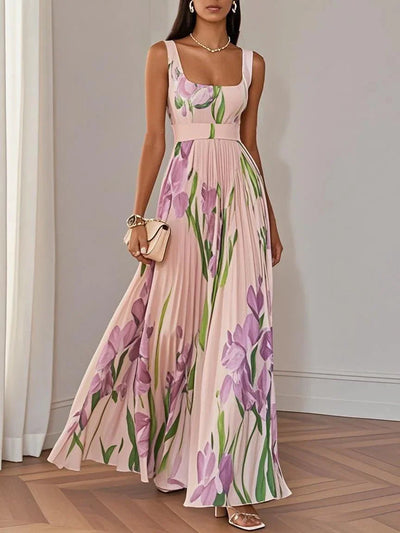 Alivienne – White Floral Pleated Chiffon Maxi Dress