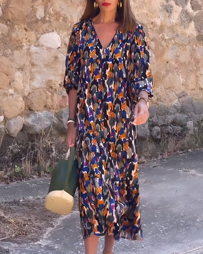 Nathalie | Retro Print V-Neck Dress