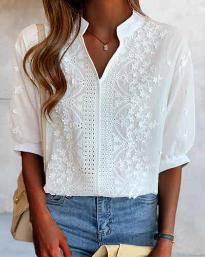 Tamsin | V-Neck Blouse with Puff Sleeves and Elegant Lace Accents