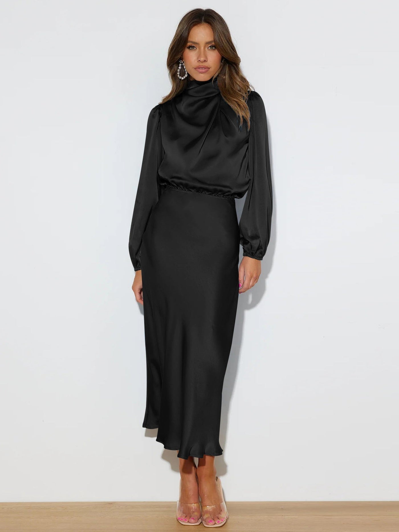 Abi – High Neck Satin Midi Dress