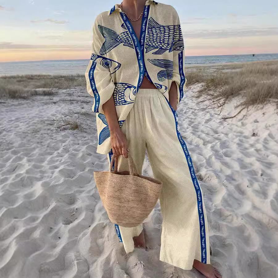 Yazette™ | Blue Fish Print Loungewear Set