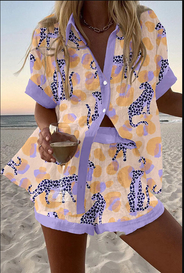 Reolia™ | Short Linen Suit with Leopard Print