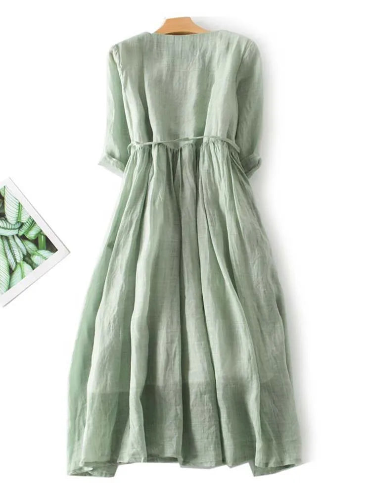 Arya - Women's Art Retro Round Neck Lace-Up Waist Dress