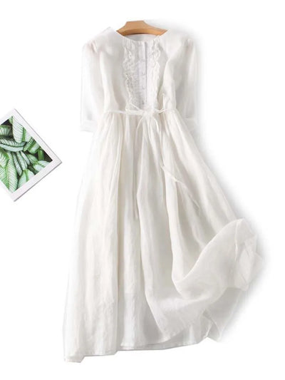 Arya - Women's Art Retro Round Neck Lace-Up Waist Dress