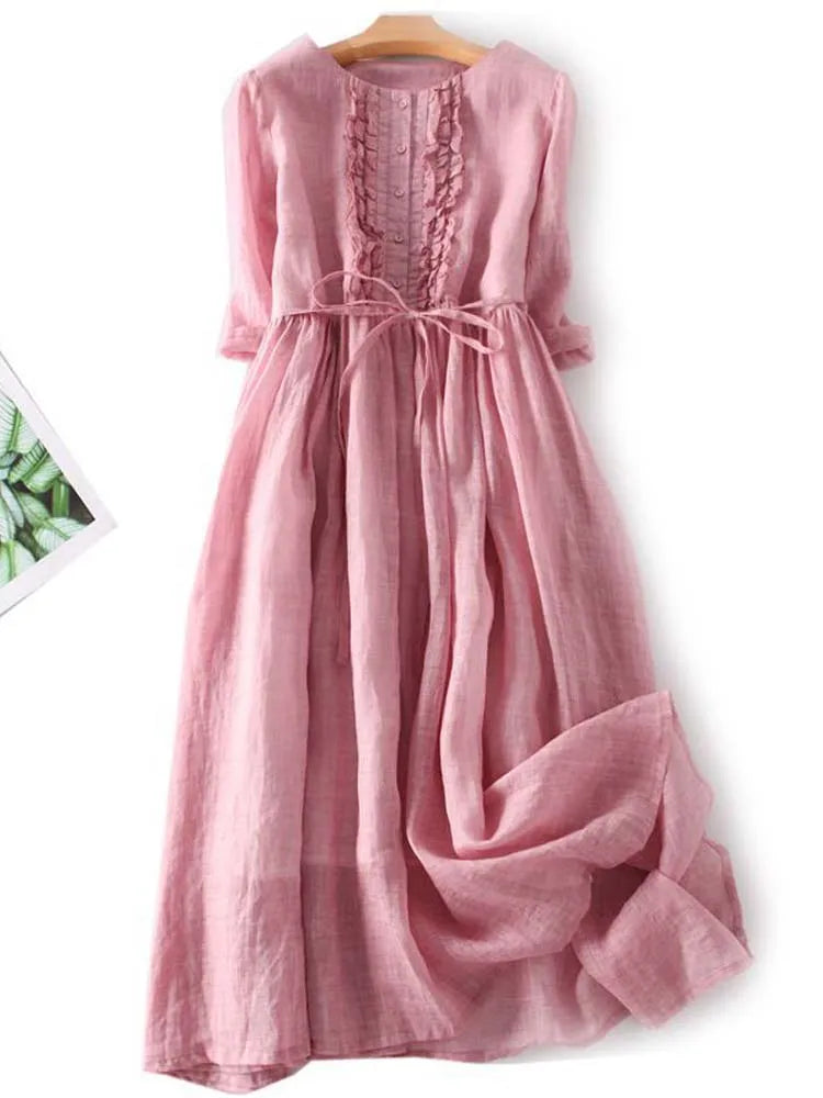 Arya - Women's Art Retro Round Neck Lace-Up Waist Dress