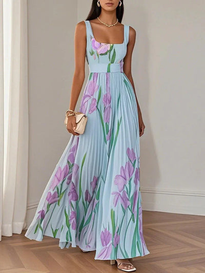 Alivienne – White Floral Pleated Chiffon Maxi Dress