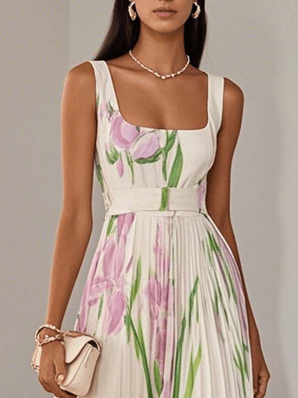 Alivienne – White Floral Pleated Chiffon Maxi Dress