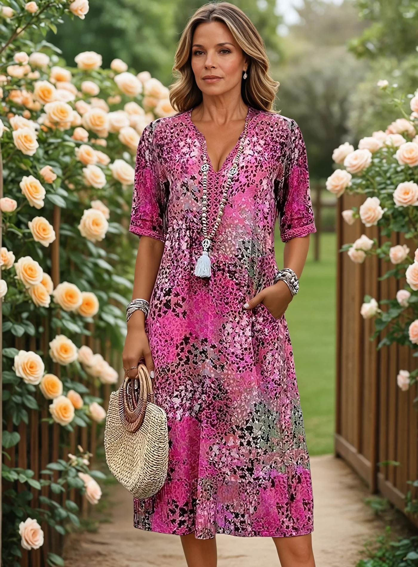 Cristina – Flowing Midi Dress with Lace-Up Detail